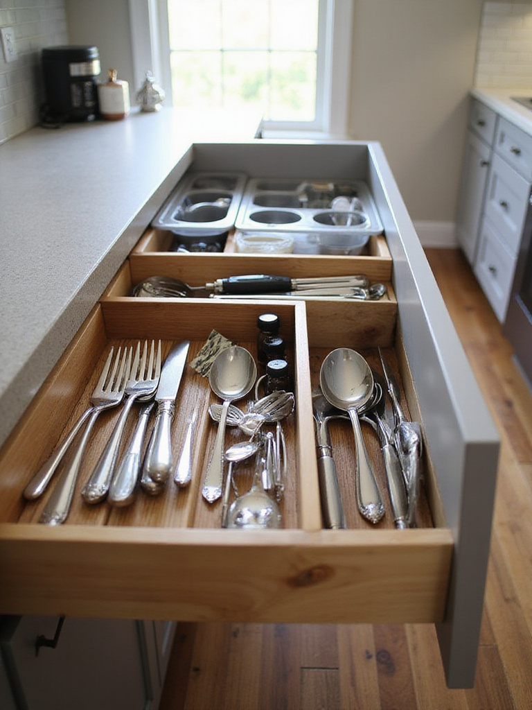 An open kitchen drawer neatly organized with bamboo and plastic dividers separating cutlery, cooking utensils, and small kitchen gadgets.
