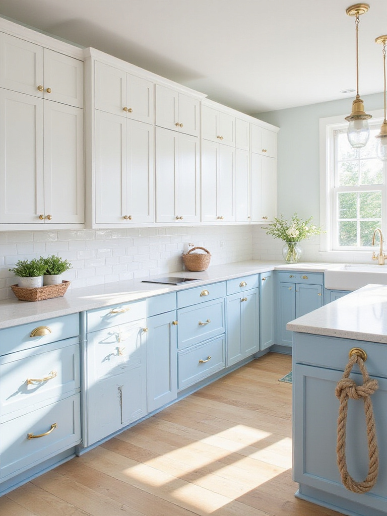 Coastal kitchen featuring white and blue cabinets with brass boat cleat pulls on upper cabinets and natural rope pulls on lower cabinets and the island.
