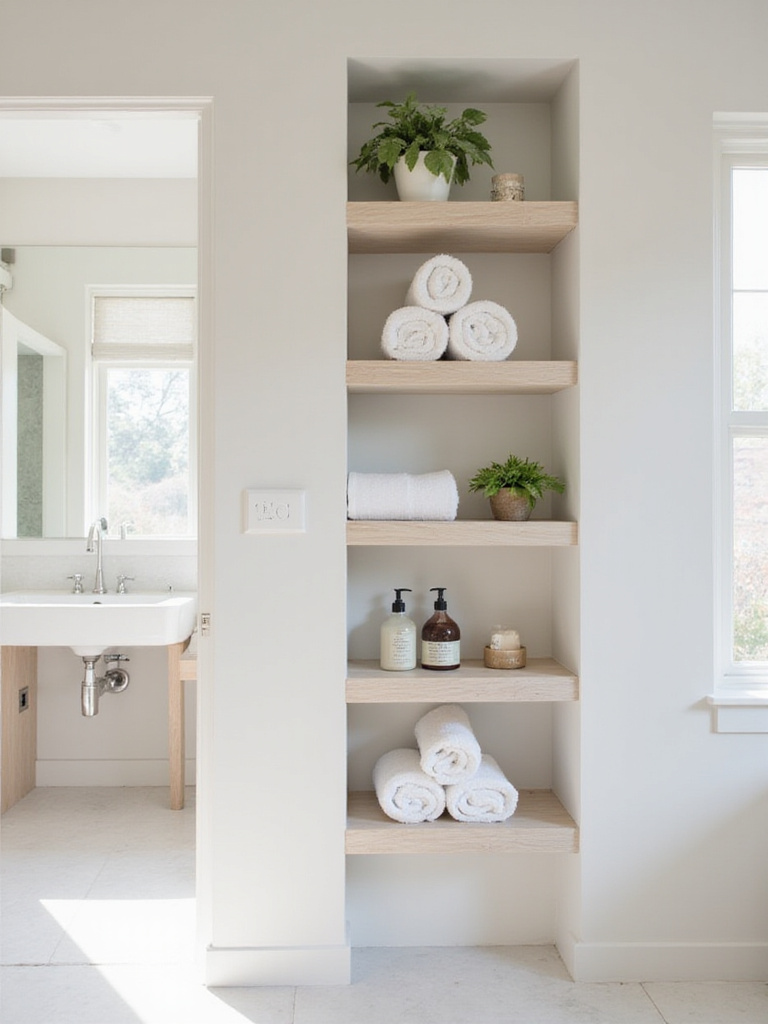 Modern bathroom interior featuring open shelving styled with rolled towels, a plant, and decorative bottles, showcasing organized storage and decor.