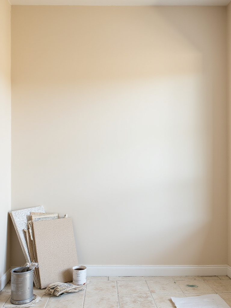 Well-prepared laundry room wall with moisture-resistant primer, ready for wallpaper installation.
