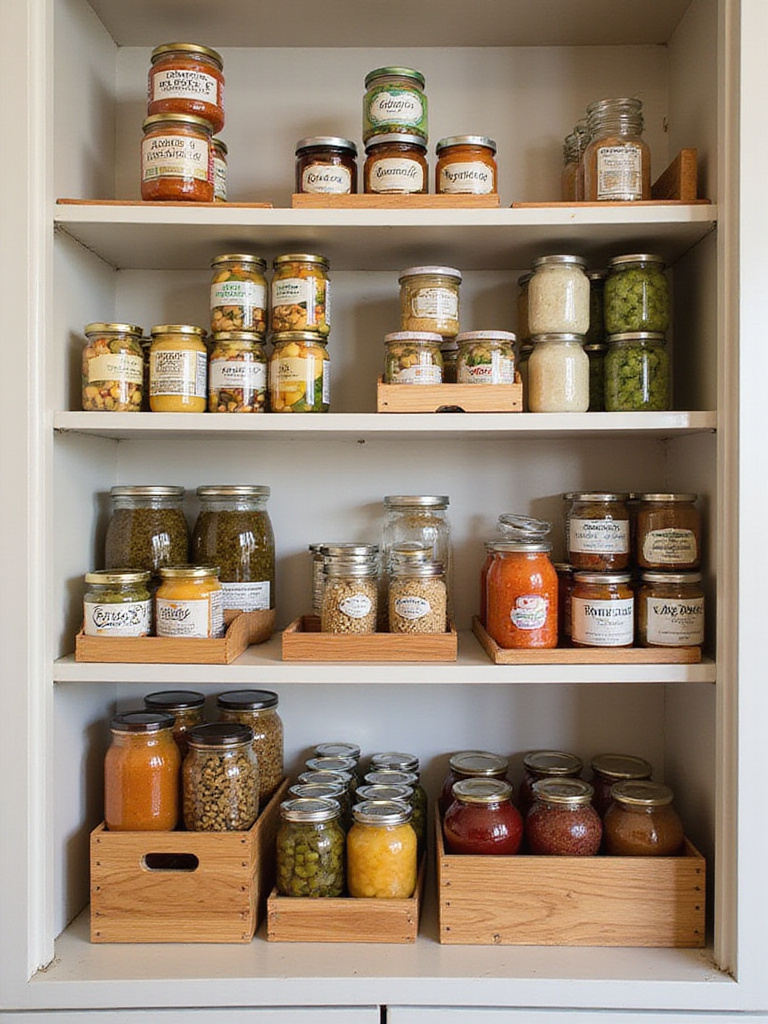 An organized kitchen pantry shelf featuring tiered risers holding an assortment of cans and jars, making contents easily visible and accessible.