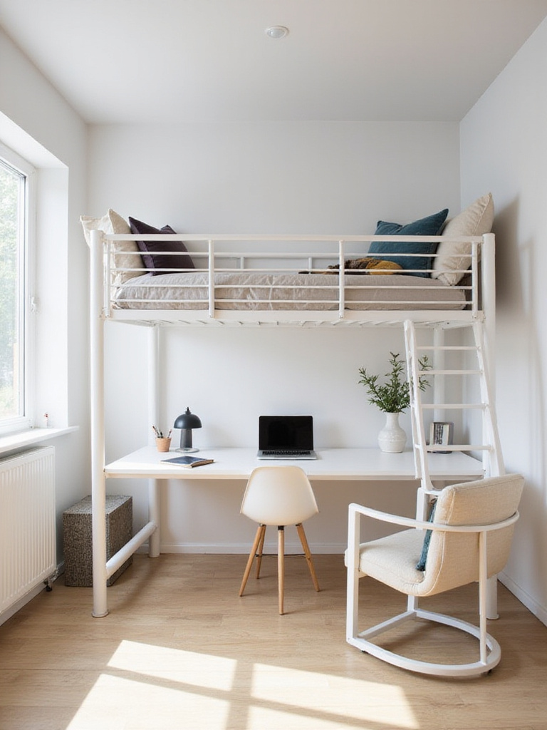 Small bedroom with loft bed and desk underneath.