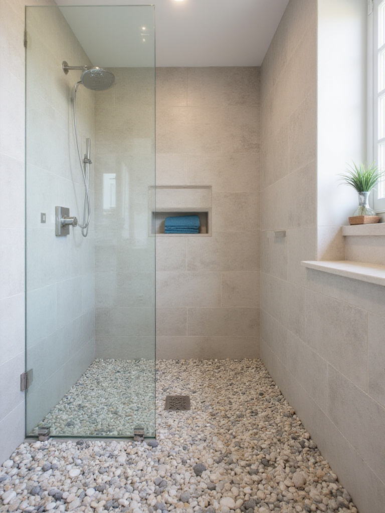 Shower floor covered in smooth river pebbles in a coastal-style bathroom, with light sandy wall tiles.