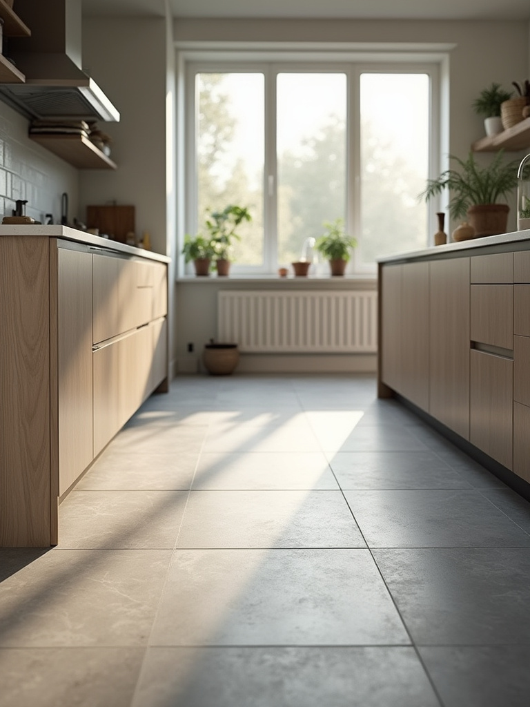 Modern kitchen floor with large grey porcelain tiles, highlighted by natural light streaming in, illustrating the cool feel of the surface.