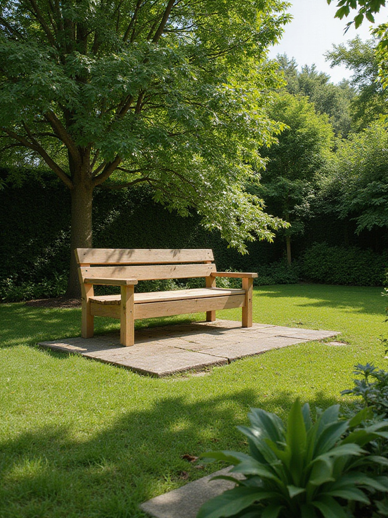 Simple wooden bench in a backyard garden