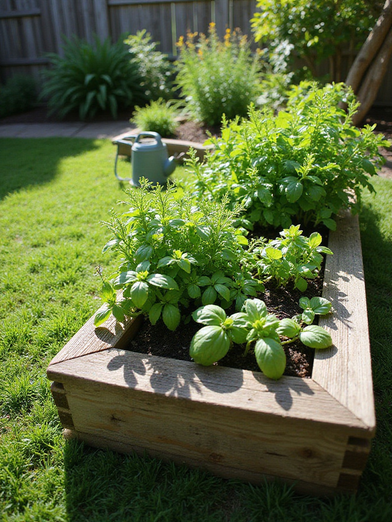 Small raised herb garden constructed from reclaimed wood filled with various herbs.