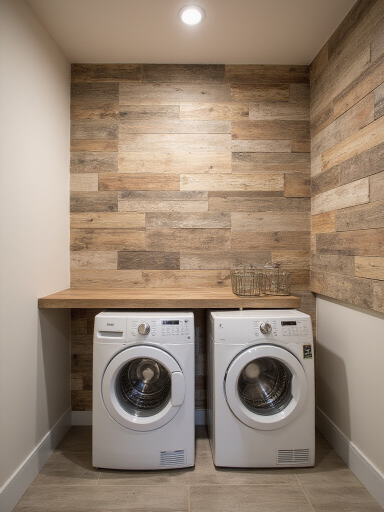 Laundry room with faux texture wallpaper that resembles wood planks.