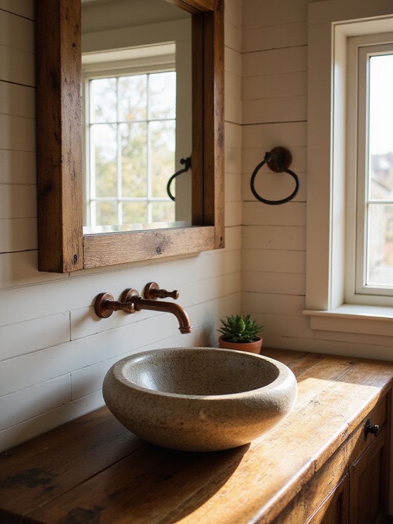 Rustic bathroom with copper faucet and stone vessel sink on reclaimed wood vanity