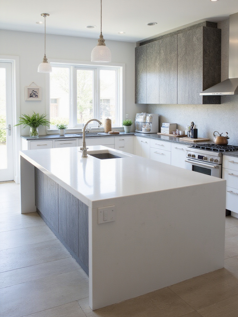 Modern kitchen featuring a white quartz waterfall island countertop and dark gray granite perimeter countertops.