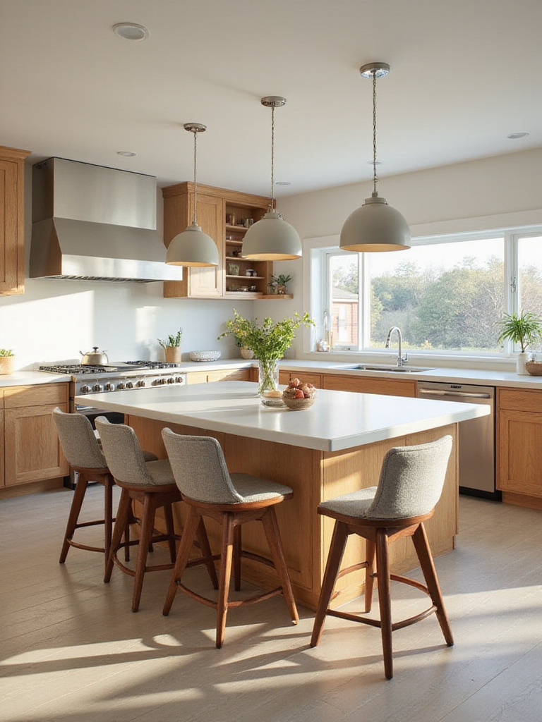 Modern kitchen island with comfortable counter stools, integrated seating design.