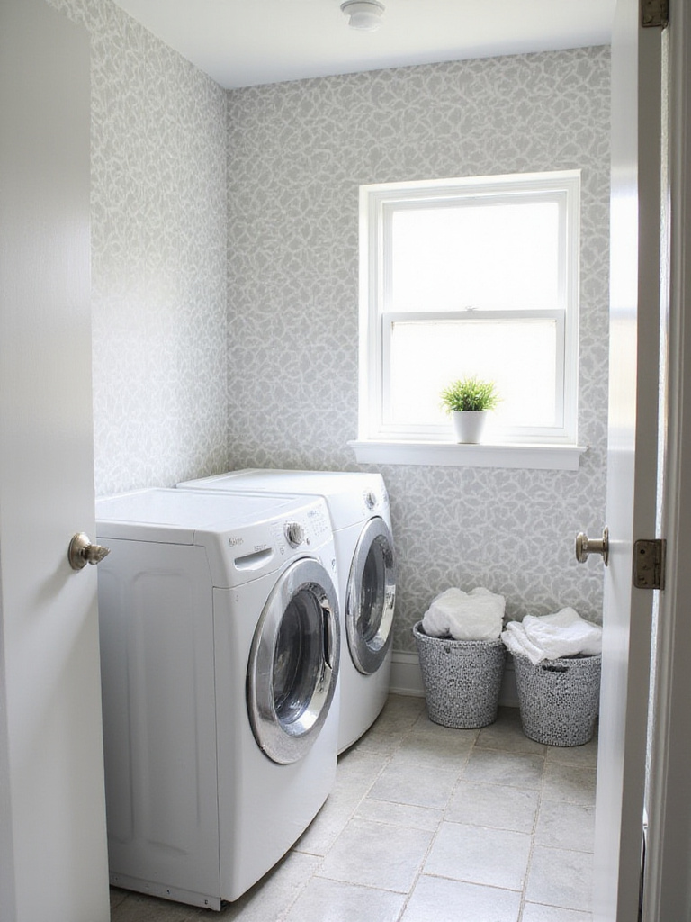 Stylish laundry room with durable vinyl wallpaper showcasing modern design.