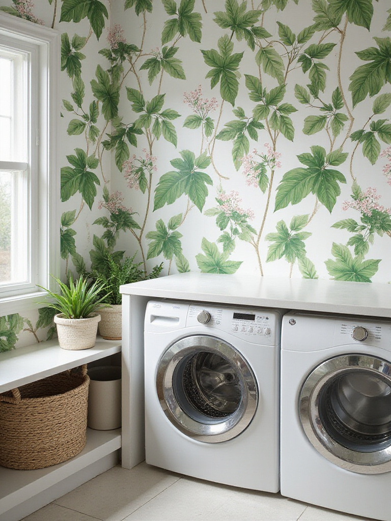 Laundry room with botanical wallpaper featuring lush leaves and flowers