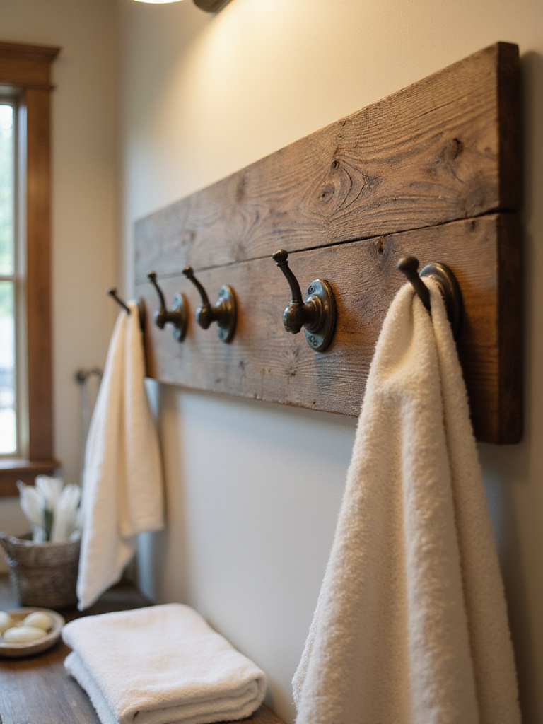 Reclaimed wood board with hooks in a farmhouse bathroom setting