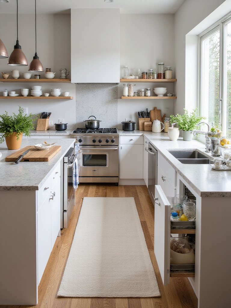 An organized modern kitchen interior demonstrating task-specific zones. The image shows distinct areas for food preparation near the sink, cooking near the stove, and baking supplies, illustrating efficient kitchen storage ideas.