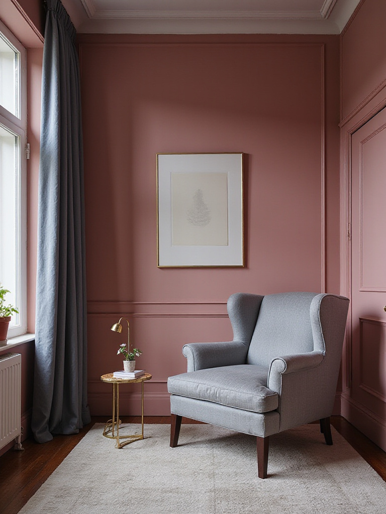 A sophisticated bedroom in dusty rose pink with elegant accents, offering a soft and romantic setting for reading.