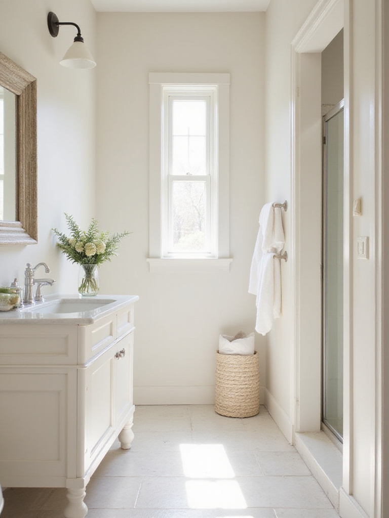 Serene farmhouse bathroom with calming neutral paint palette