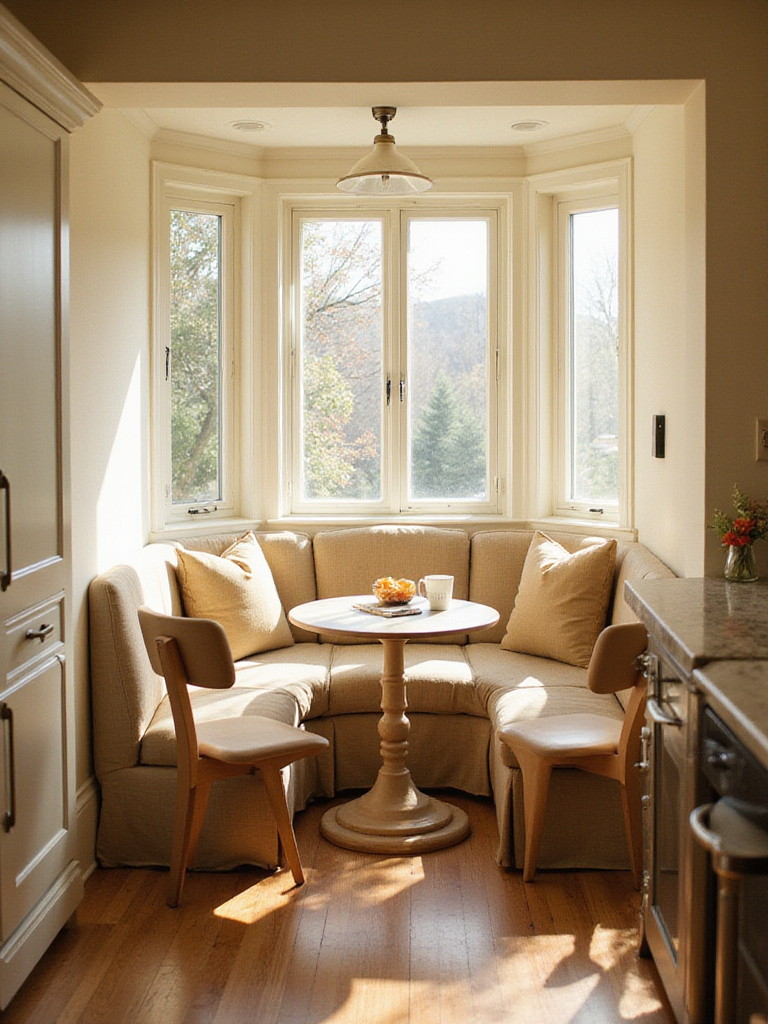Cozy kitchen breakfast nook with a built-in banquette, round table, and chairs, bathed in natural light.