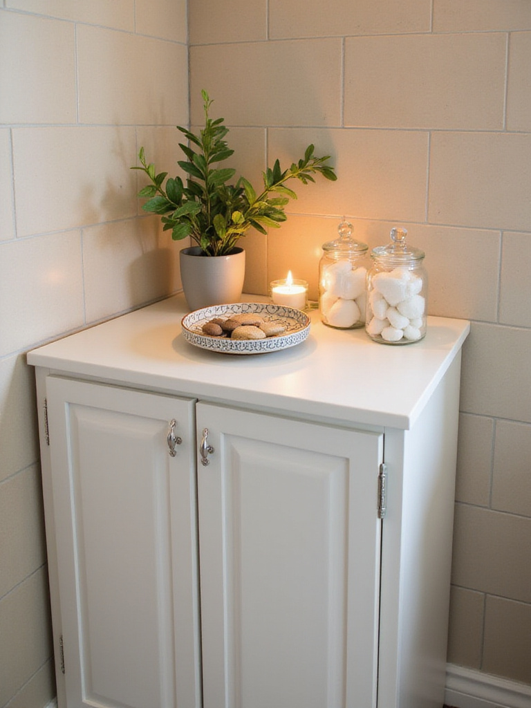 Charming vignette of decorative items and storage jars arranged on a white bathroom cabinet top to elevate the space.