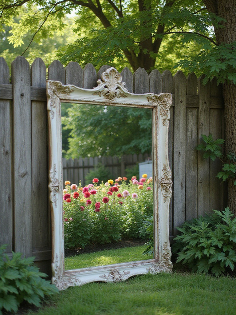 DIY outdoor mirror feature reflecting a vibrant flower garden, creating the illusion of a larger backyard space.