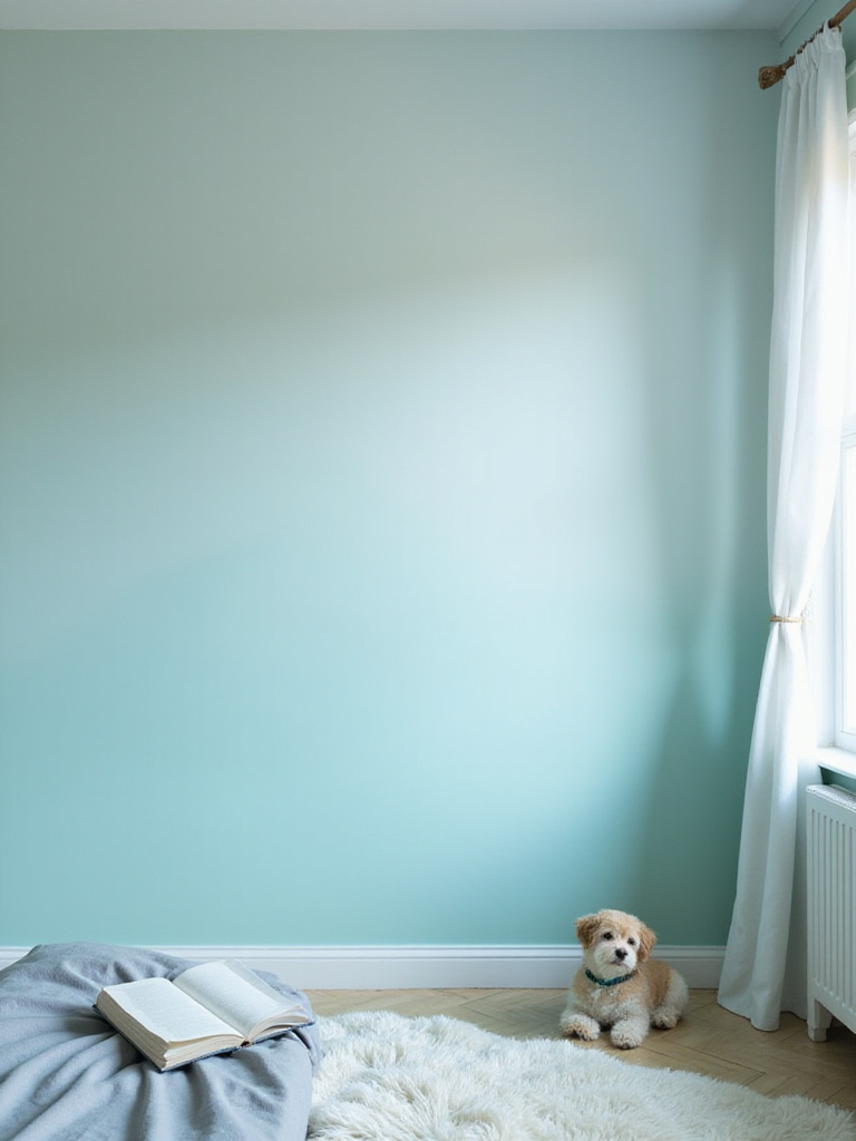 A bedroom with a dreamy ombre painted wall transitioning between two soft colors, creating an atmospheric reading environment.