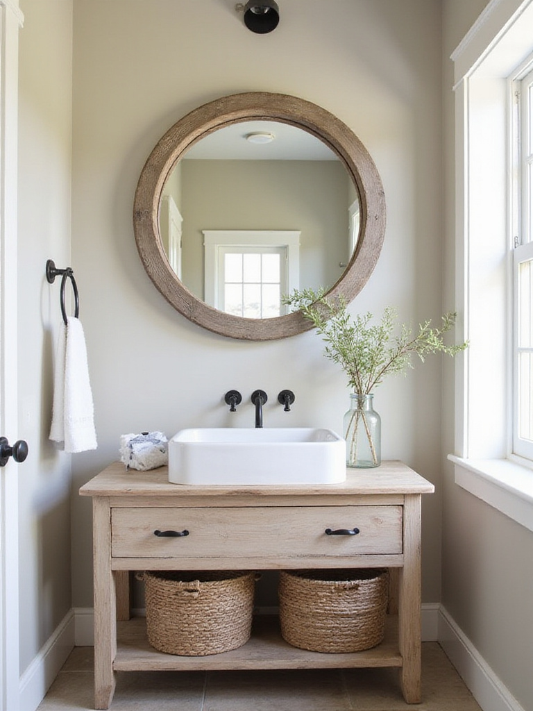 Farmhouse bathroom with a large round mirror above a wooden vanity