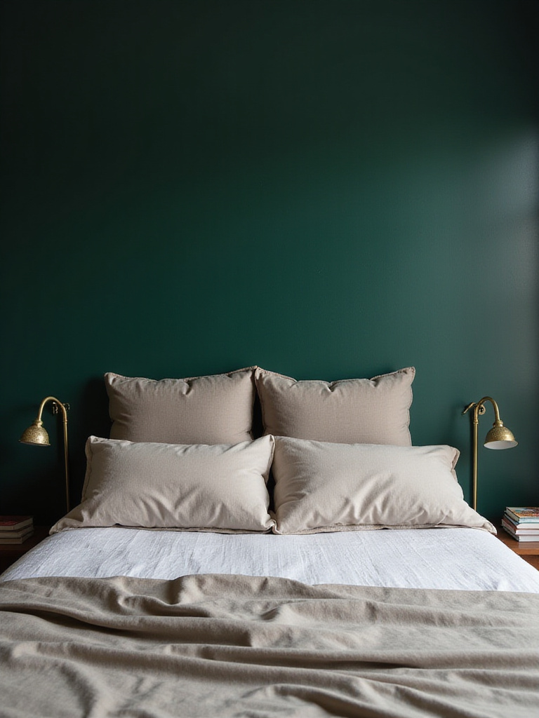 A bedroom with a deep green accent wall behind the bed, creating a focal point and cozy backdrop for reading.