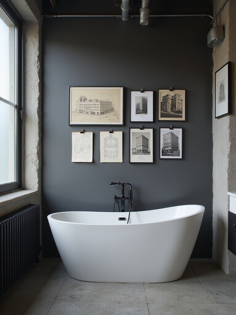 Industrial bathroom with a gallery wall featuring architectural prints.