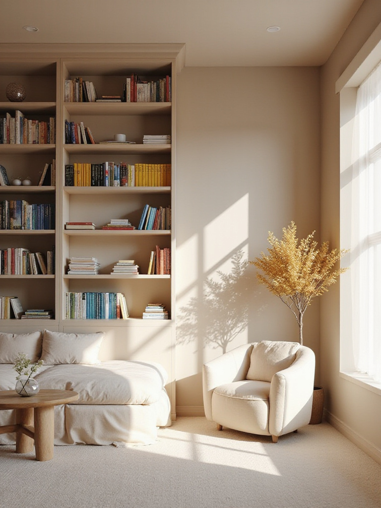 A bedroom with warm neutral walls, allowing colorful book spines on shelves to stand out, creating a relaxing reading base.