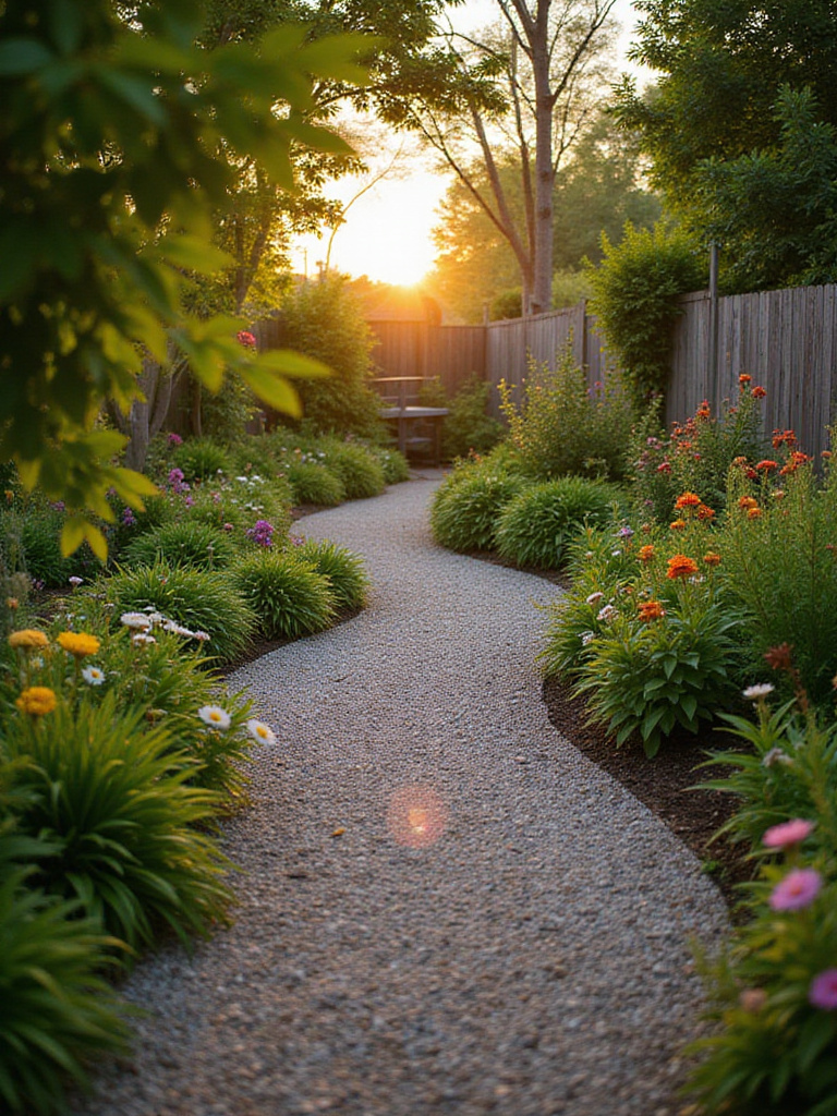 Gravel pathway winding through a backyard garden.