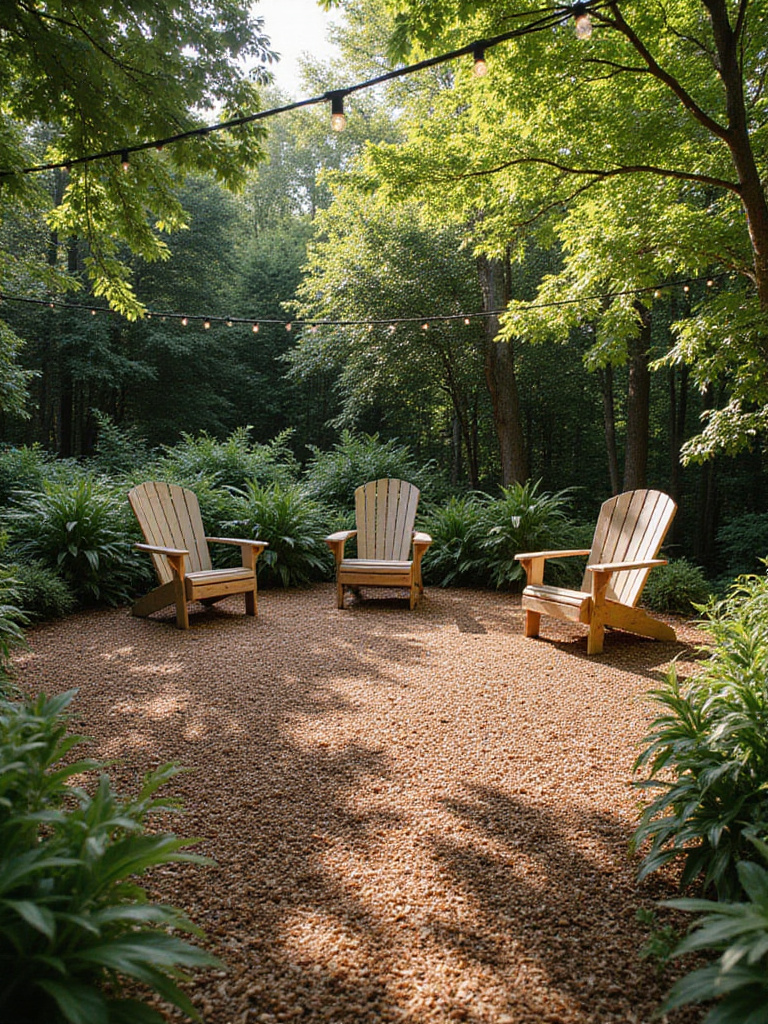 Mulched seating area in backyard with Adirondack chairs and string lights.