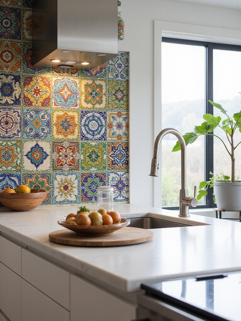 Modern kitchen with vibrant patterned zellige tile backsplash, sleek countertop, and natural light.
