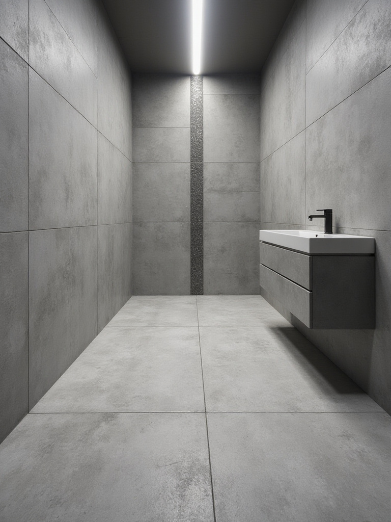 A modern, seamless wet room bathroom featuring large format grey tiles on the floor and walls, a linear drain, and a floating vanity.