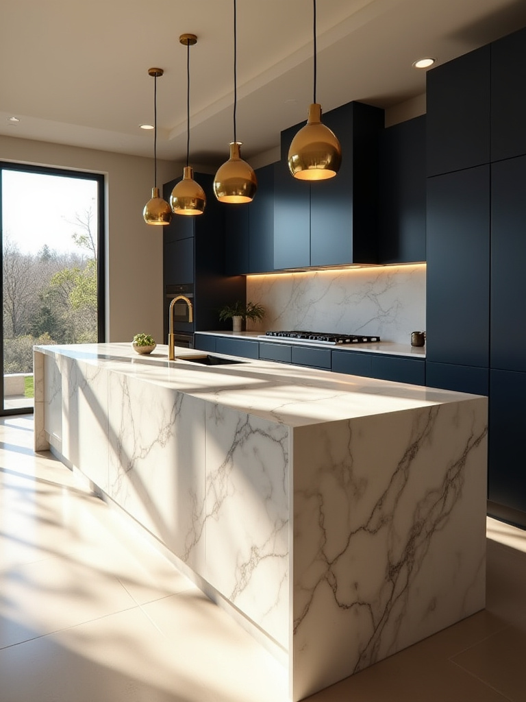 Modern kitchen with a large island as a focal point featuring a waterfall marble countertop and brass pendant lighting.