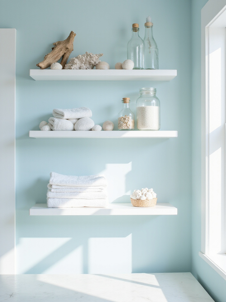 Open white floating shelves in a coastal bathroom displaying seashells, driftwood, glass bottles, and folded towels.