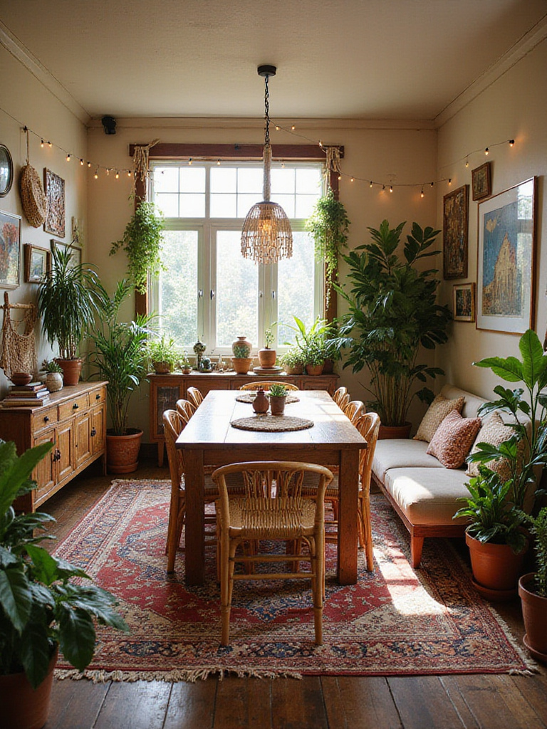 Bohemian chic dining room with mixed furniture, layered rugs, abundant plants, and eclectic decor under warm lighting.