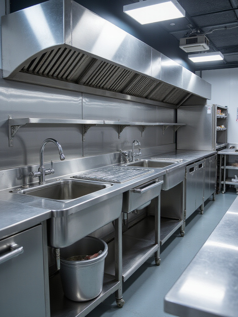 Custom stainless steel industrial kitchen sink with multiple compartments and integrated drainboards, tailored for specific workflow needs.