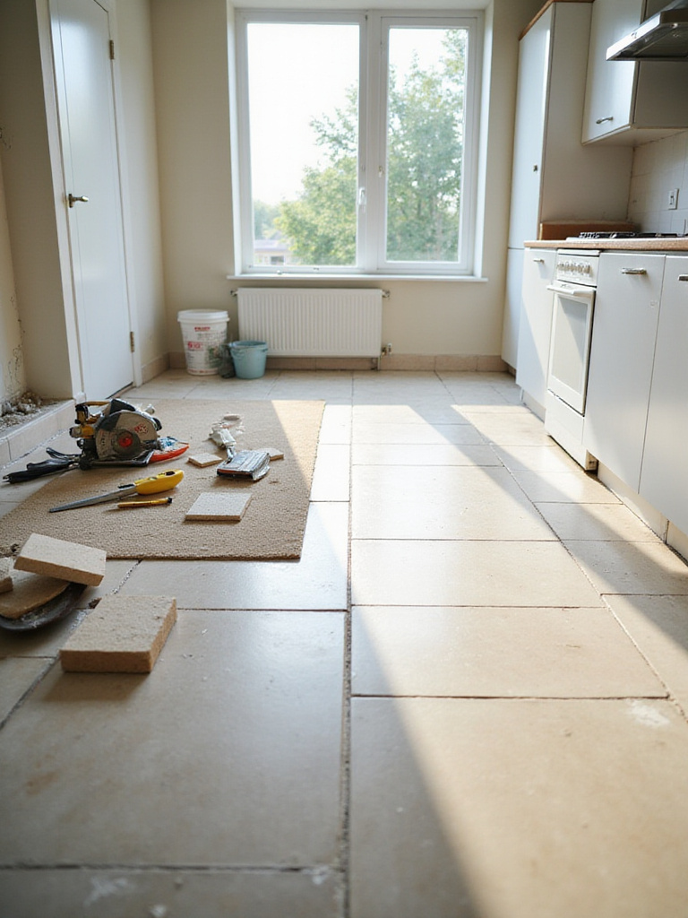 Comparison of a kitchen floor area with messy, incomplete DIY tile installation tools and uneven tiles next to a perfectly finished section of professionally laid tiles.