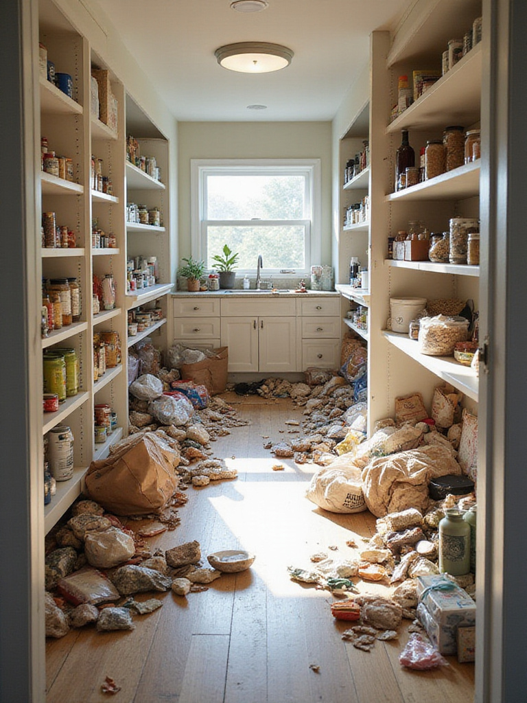 Kitchen pantry completely emptied during a ruthless decluttering process, with food and supplies sorted into piles on the floor for keeping, trashing, and donating before organizing begins.
