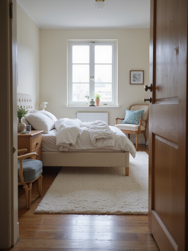 A perfectly tidy small bedroom interior, showcasing maximized space through ruthless decluttering. The room features clean surfaces, minimal possessions, and a calm atmosphere, illuminated by natural light.