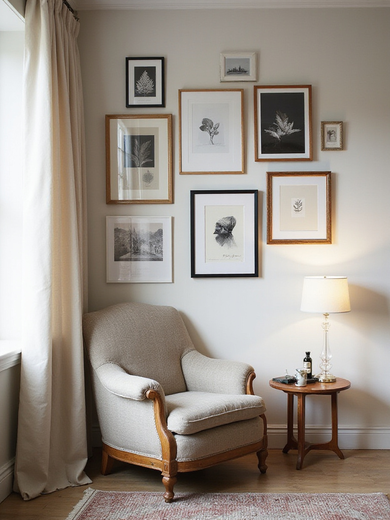 A stylish accent chair in a living room with a curated gallery wall of framed art and photos beautifully decorating the wall behind it.