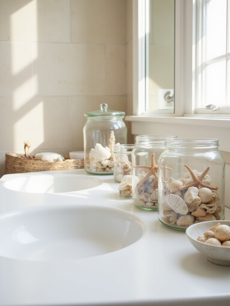 Clear glass jars filled with natural seashells and dried starfish displayed on a bathroom vanity countertop in a coastal style.