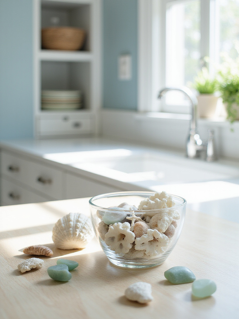 Coastal kitchen countertop decorated with a collection of ocean-themed accessories including shells, sea glass, and faux coral.