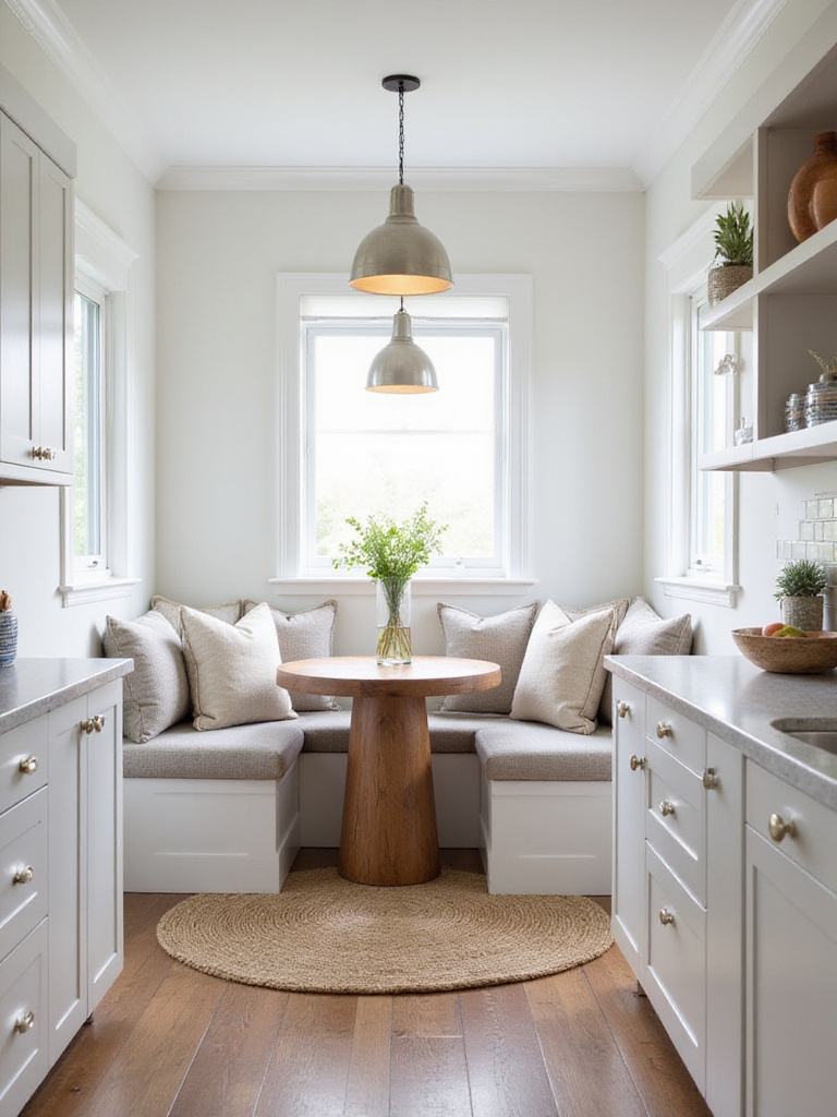 Modern farmhouse kitchen seating area with banquette and pendant lights