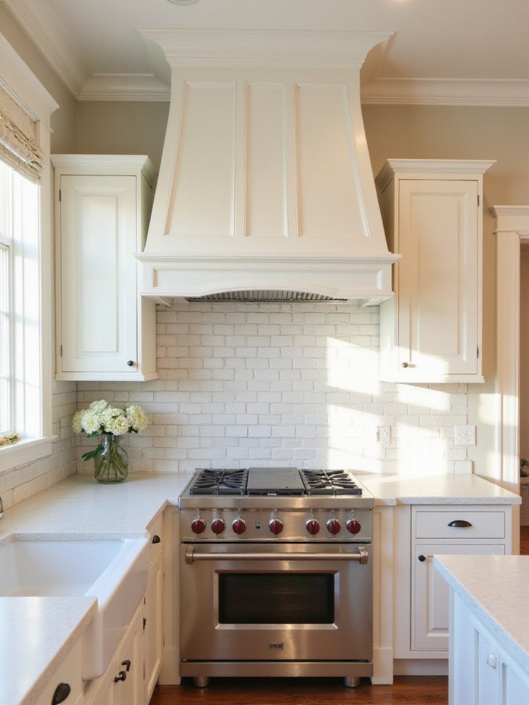 Traditional kitchen featuring a large, white paneled range hood above a stainless steel range, integrated seamlessly with cabinetry.