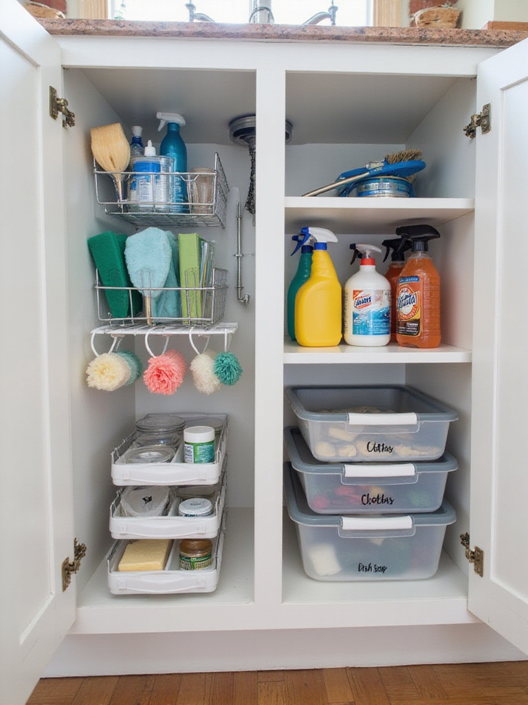 An image showing a well-organized kitchen cabinet under the sink with various storage solutions like pull-out shelves, door racks, and labeled bins for cleaning supplies.