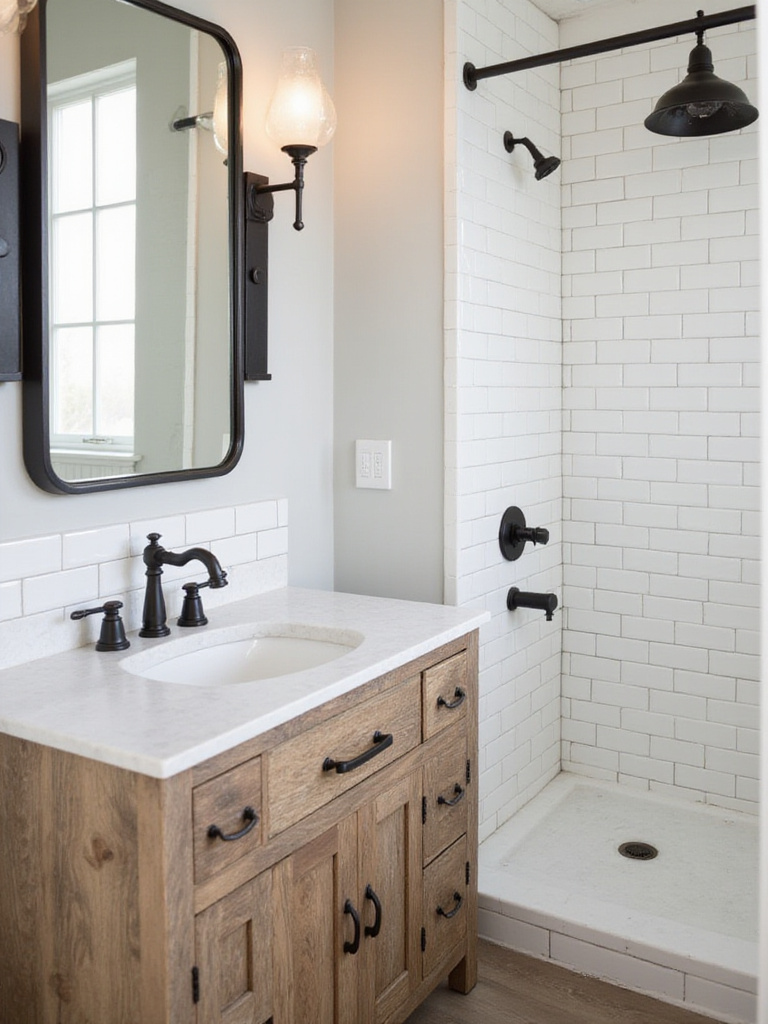 Farmhouse bathroom with matte black and oil-rubbed bronze fixtures