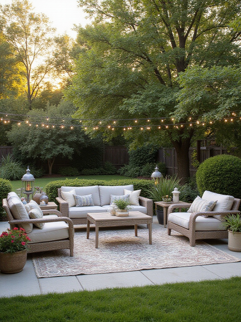 Backyard patio with outdoor rug defining seating area