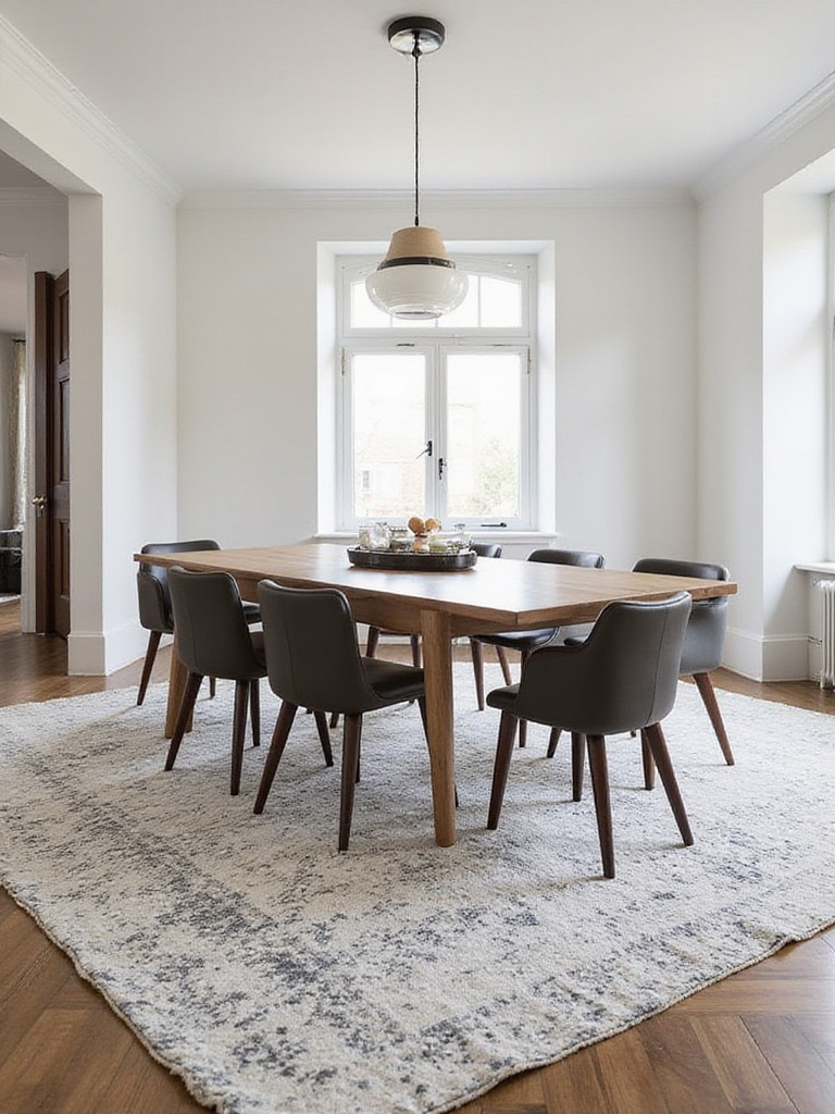 A dining area featuring a rectangular table and chairs placed on a large area rug, defining the space in an open-concept room.
