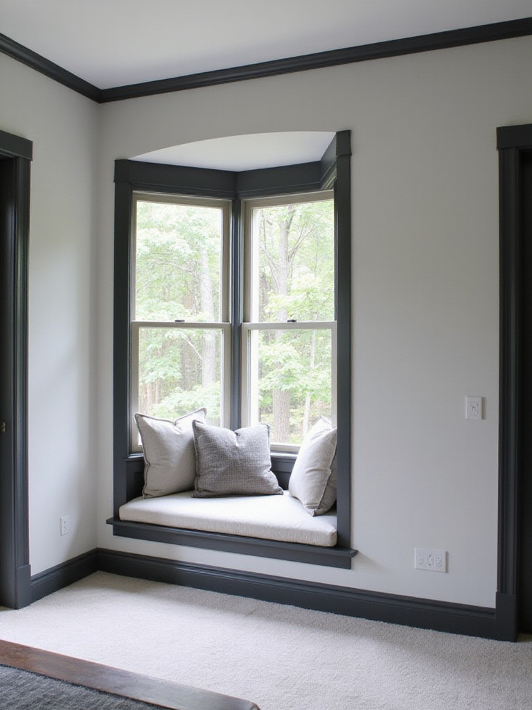 A bedroom with light walls and dramatically contrasting dark painted trim, defining architectural features and framing a reading nook.
