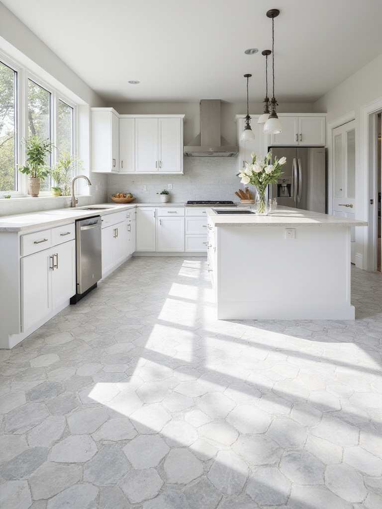Modern kitchen with geometric hexagon tile floor in light gray and white.